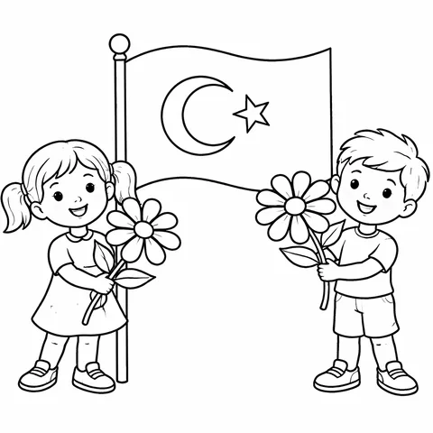 23 Nisan Çiçekli Çocuklar, yazdırılabilir siyah beyaz boyama sayfası