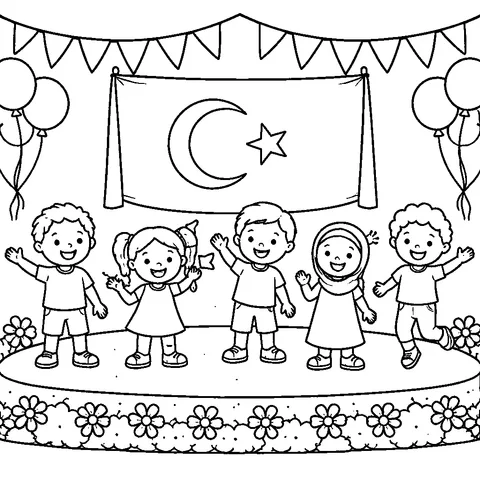 23 Nisan Bayram Sahnesi, yazdırılabilir siyah beyaz boyama sayfası