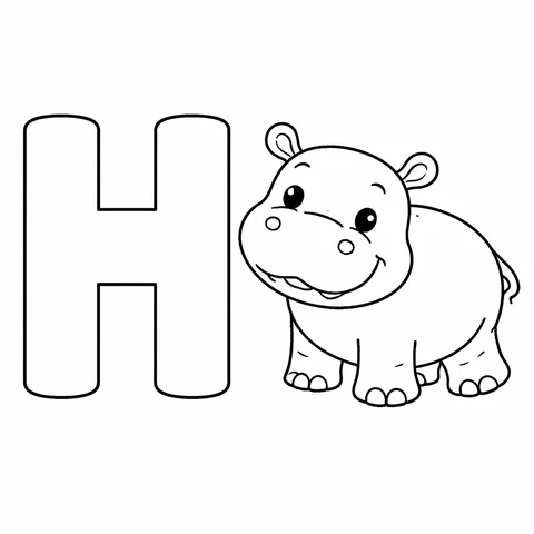 Alphabet H Hippo, printable black and white coloring page