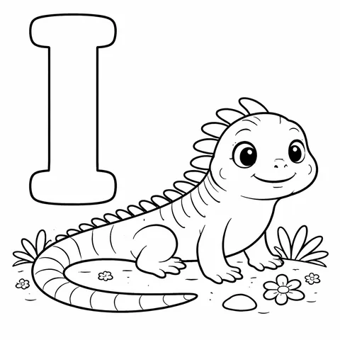 Alphabet I Iguana, printable black and white coloring page