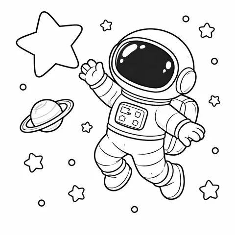 Astronaut Floating With Star, printable black and white coloring page