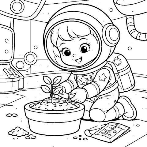 Astronaut Growing Plant, printable black and white coloring page