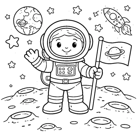 Astronaut on Moon, printable black and white coloring page