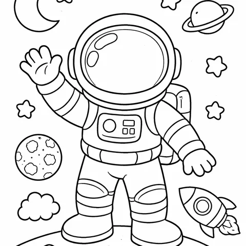 Waving Astronaut, printable black and white coloring page