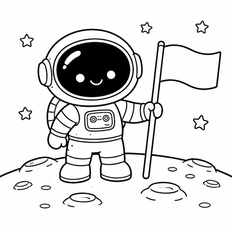 Astronaut With Flag, printable black and white coloring page
