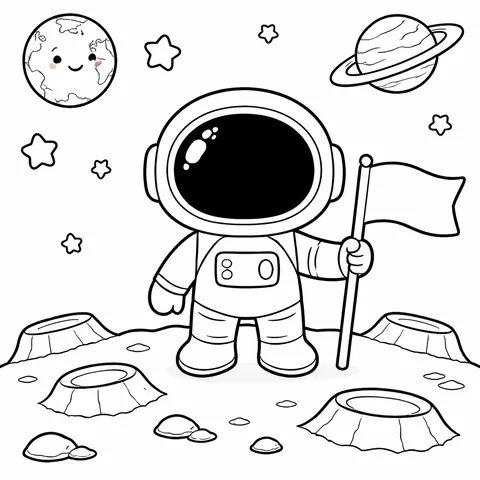 Astronaut on the Moon, printable black and white coloring page