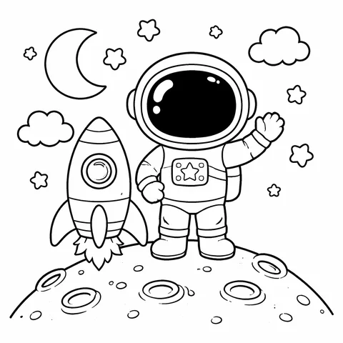 Astronaut with Rocket, printable black and white coloring page