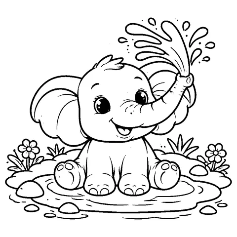 Baby Elephant Splash, printable black and white coloring page