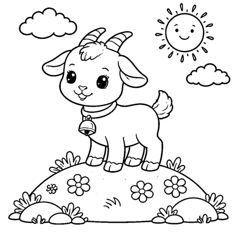 Baby Goat on Hill, printable black and white coloring page