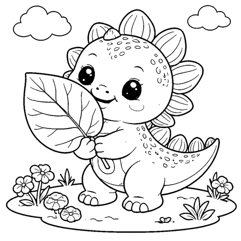 Baby Stegosaurus with Leaf, printable black and white coloring page
