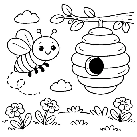 Bee near Hive, printable black and white coloring page