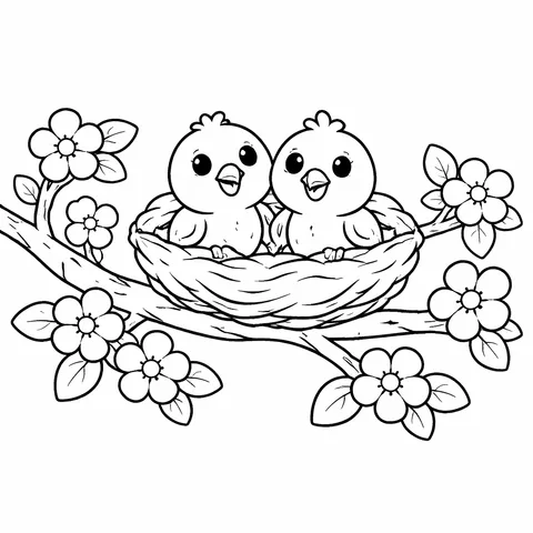 Bird Nest Blossoms, printable black and white coloring page
