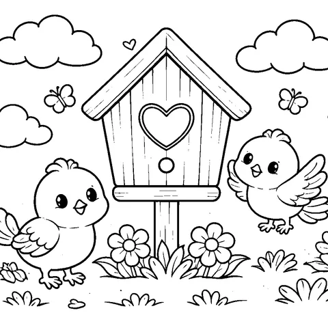 Birdhouse Friends, printable black and white coloring page