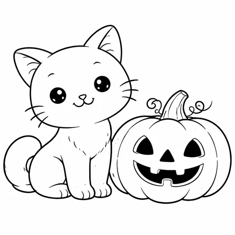 Black Cat Pumpkin, printable black and white coloring page