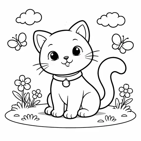 Friendly Black Cat, printable black and white coloring page