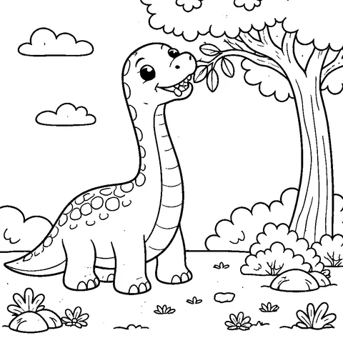 Brontosaurus Eating Leaves, printable black and white coloring page