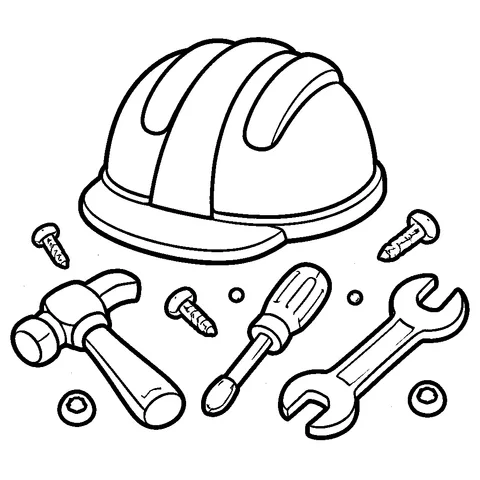 Builder Helmet and Tools, printable black and white coloring page