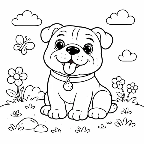 Friendly Bulldog, printable black and white coloring page