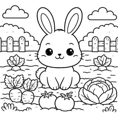 Bunny in Garden, printable black and white coloring page