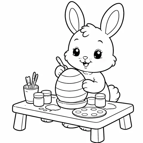 Bunny Painting Eggs, printable black and white coloring page