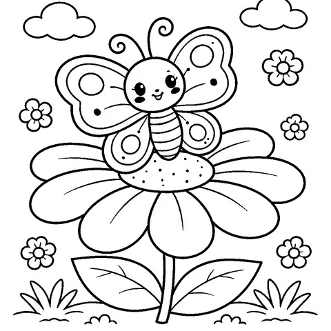 Butterfly on Flower, printable black and white coloring page