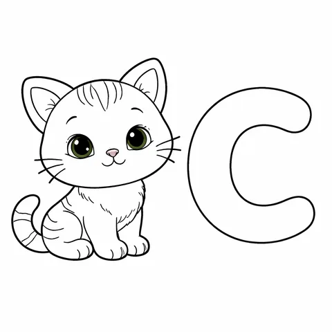 C is for Cat, printable black and white coloring page