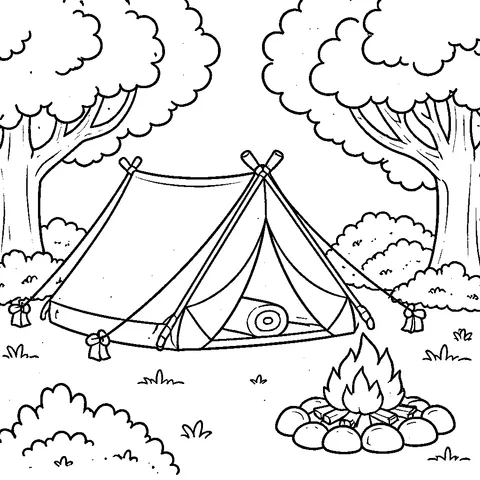 Camping Tent, printable black and white coloring page