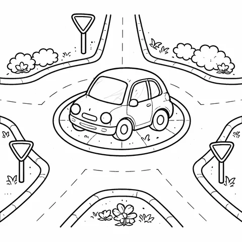 Car At Roundabout, printable black and white coloring page
