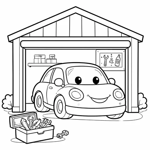 Car In Garage, printable black and white coloring page