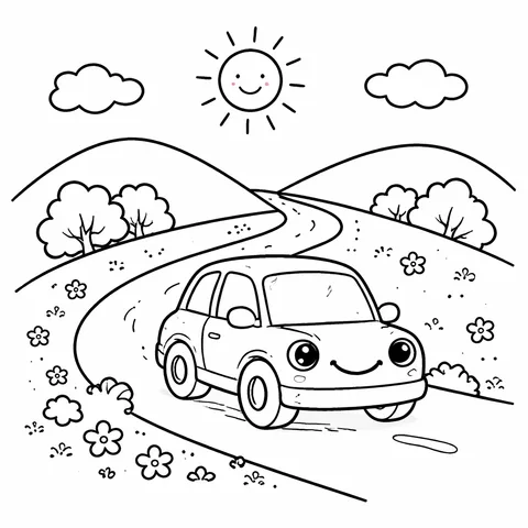 Car On Country Road, printable black and white coloring page