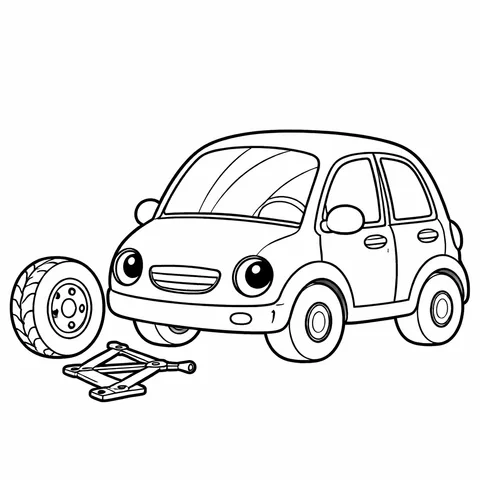 Car With Flat Tire, printable black and white coloring page