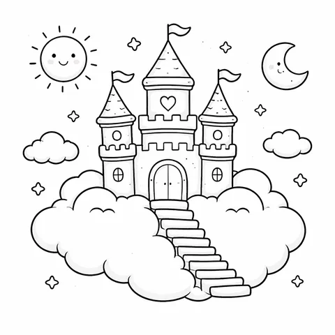 Castle On Cloud, printable black and white coloring page