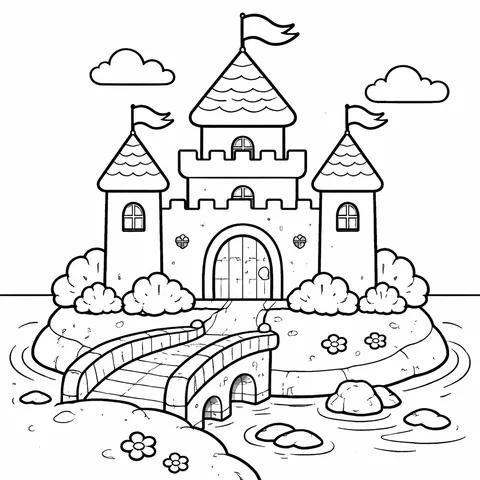 Castle On Small Island, printable black and white coloring page