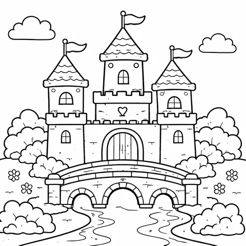 Castle with a Bridge, printable black and white coloring page