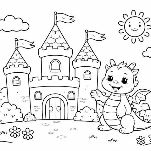 Friendly Castle and Dragon, printable black and white coloring page