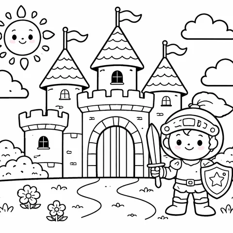 Castle and Knight, printable black and white coloring page