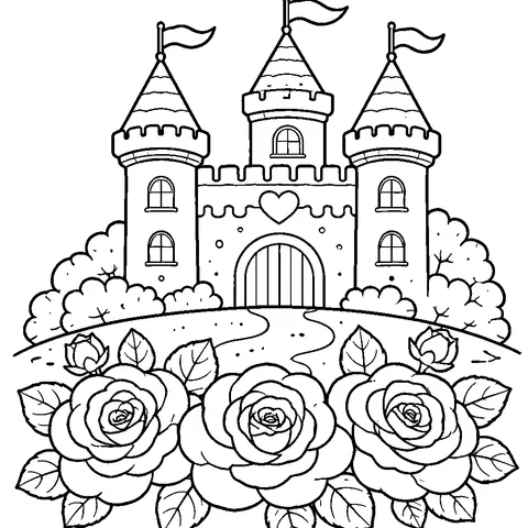 Castle With Rose Garden, printable black and white coloring page
