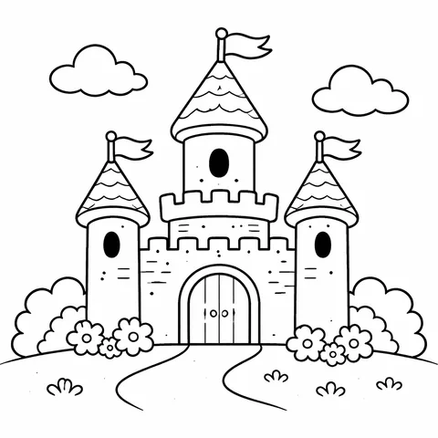 Castle With Tower, printable black and white coloring page