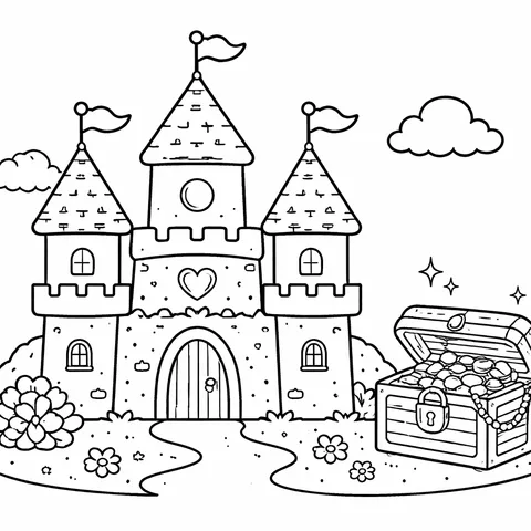 Castle with Treasure, printable black and white coloring page
