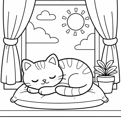 Cat Curled In Window, printable black and white coloring page