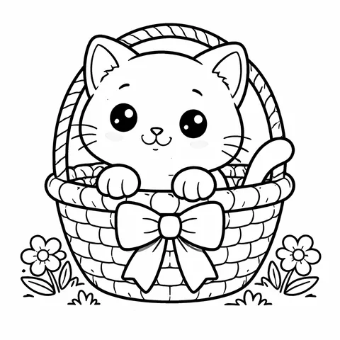 Cat in a Basket, printable black and white coloring page