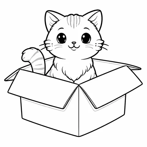 Cat In Cardboard Box, printable black and white coloring page