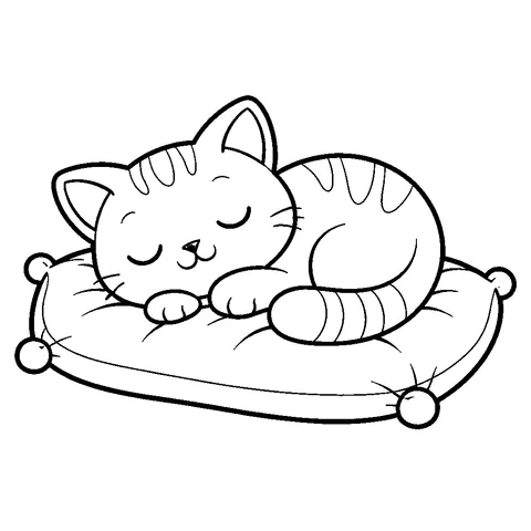 Cat on Pillow, printable black and white coloring page
