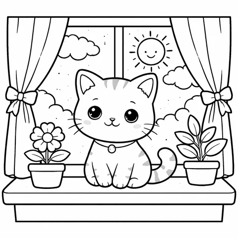 Cat on a Windowsill, printable black and white coloring page