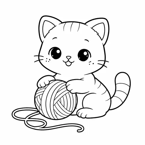 Cat with Yarn Ball, printable black and white coloring page