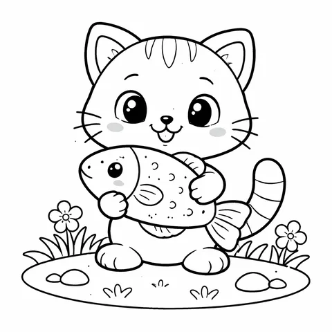 Cat with Fish, printable black and white coloring page