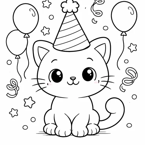 Cat with Party Hat, printable black and white coloring page