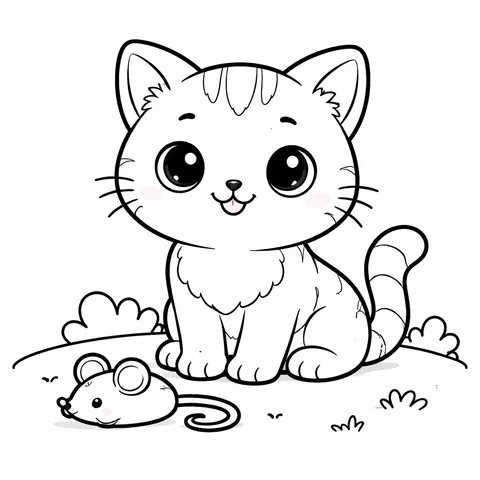 Cat with a Toy Mouse, printable black and white coloring page