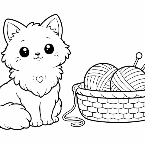 Cat With Yarn Basket, printable black and white coloring page