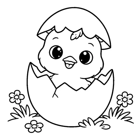 Chick in Eggshell, printable black and white coloring page